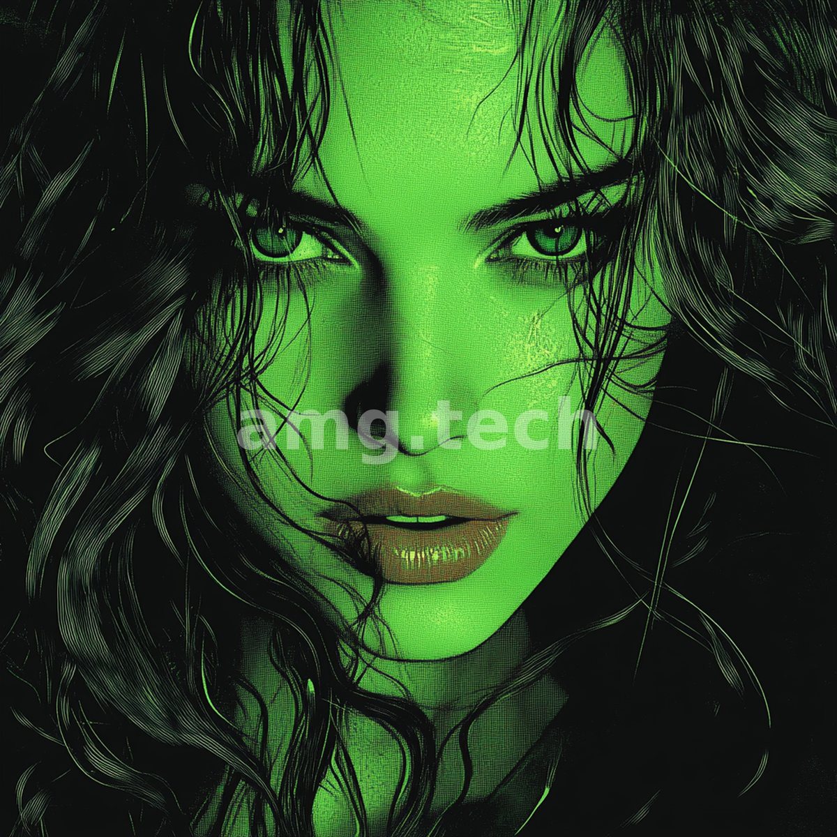 A woman's face emerges from deep shadow bathed in electric green light, her dark curls and steady eyes charged with quiet intensity.