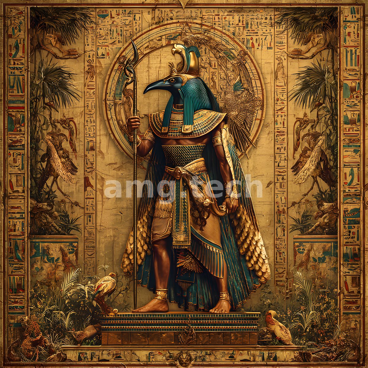 The falcon-headed god stands resplendent in gold and lapis, staff in hand, framed by hieroglyphs and verdant Nile flora.