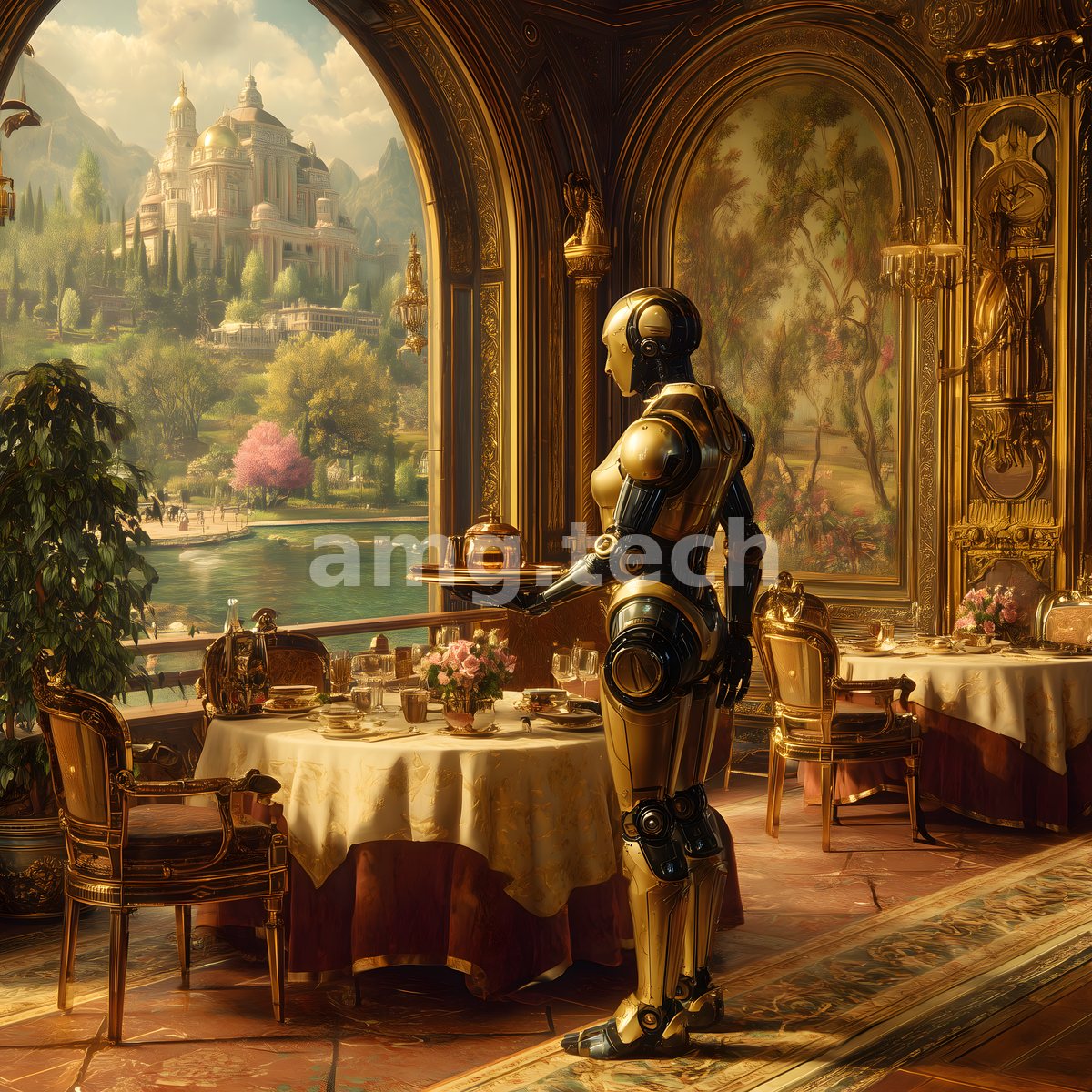 A gilded automaton serves tea in an opulent palace hall, its window framing a fairytale citadel across sunlit gardens.