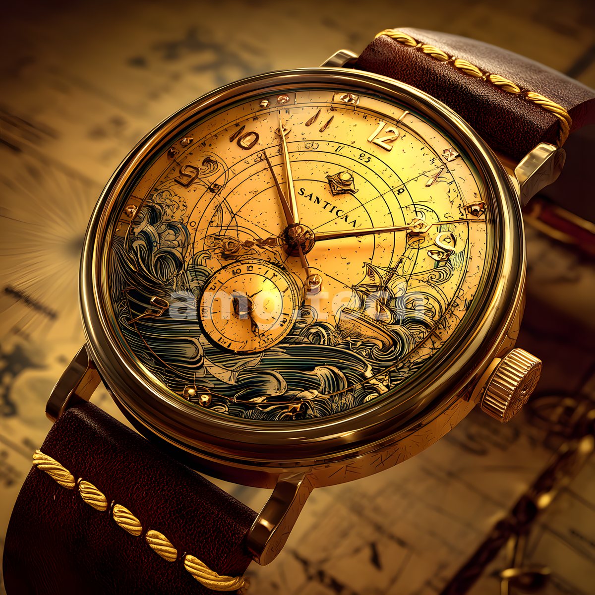 An ornate golden timepiece adorned with cresting waves and a sailing ship rests upon a weathered antique chart.
