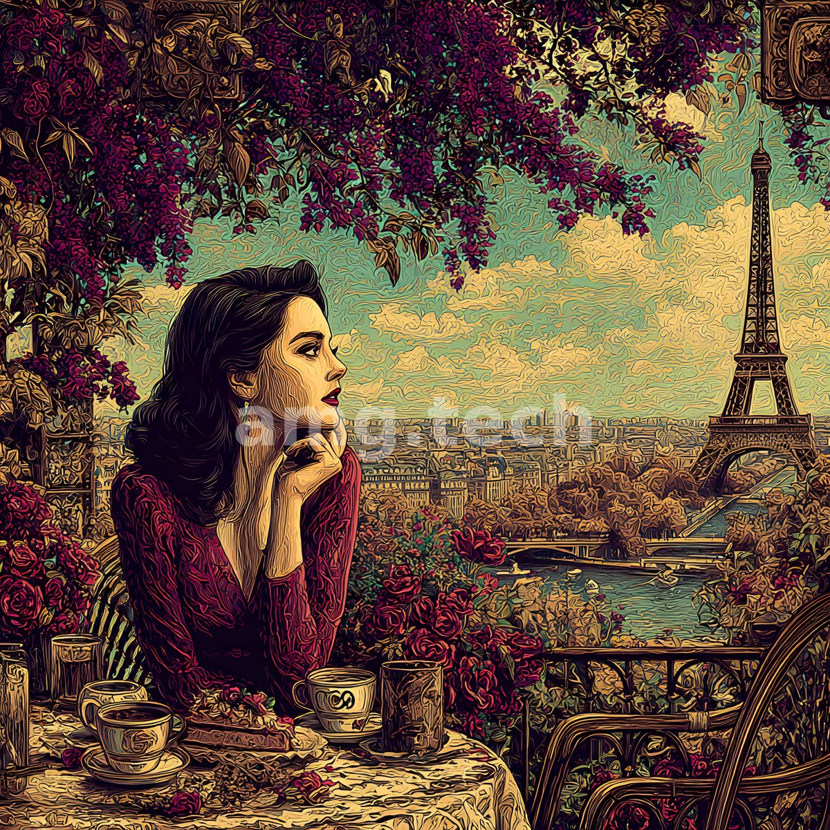 A dark-haired woman gazes wistfully from a blossom-draped terrace, coffee at hand, the Eiffel Tower rising through golden clouds.