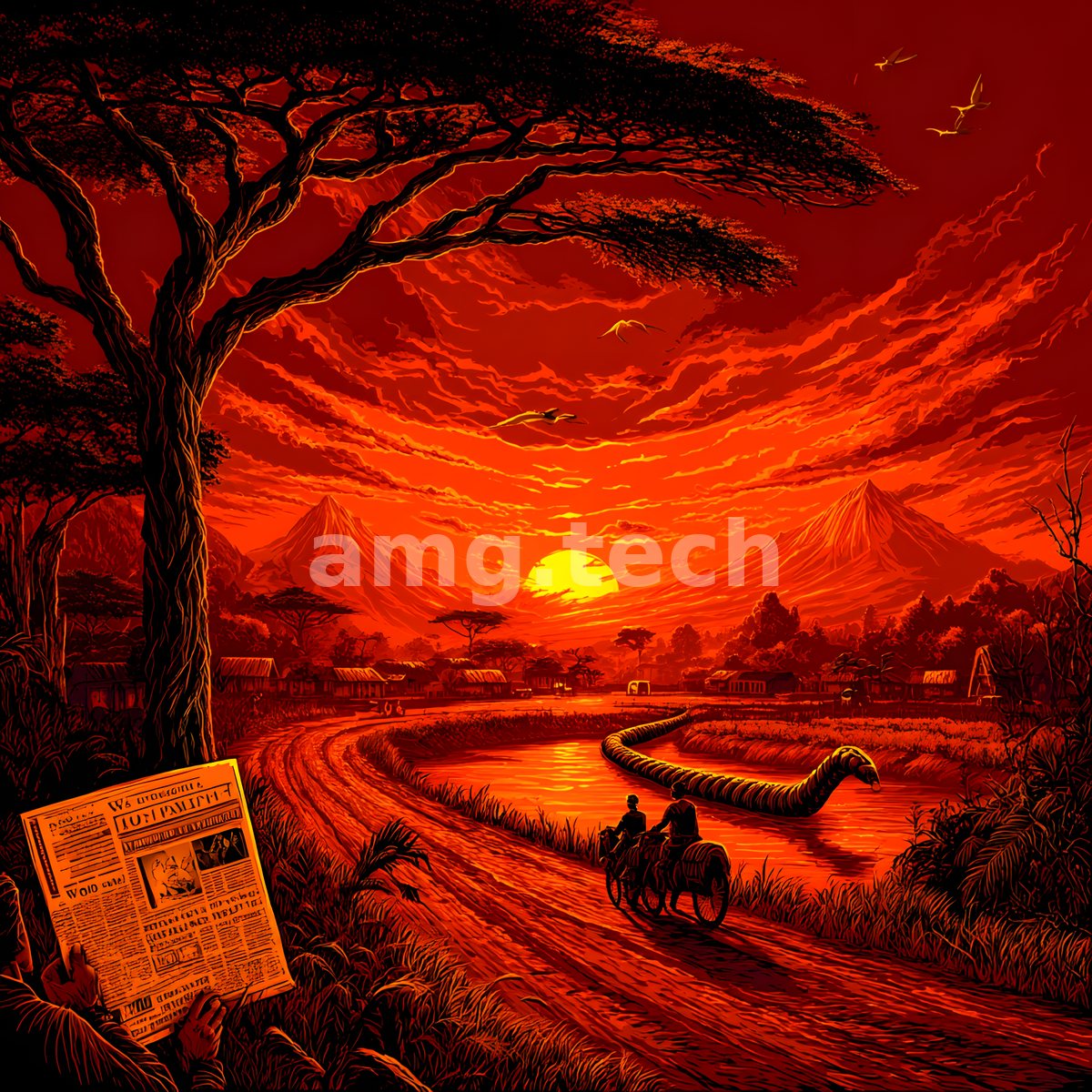 Beneath a blazing scarlet sky, a lone reader lowers a newspaper as travellers pass a coiling river through the savanna.