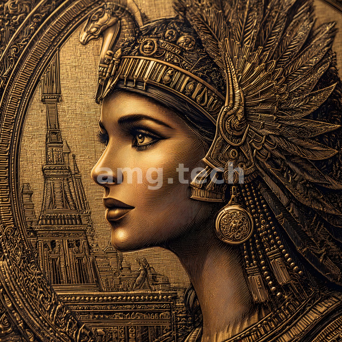 A regal woman crowned with a plumed serpent headdress emerges in luminous bronze relief before an ancient monumental cityscape.