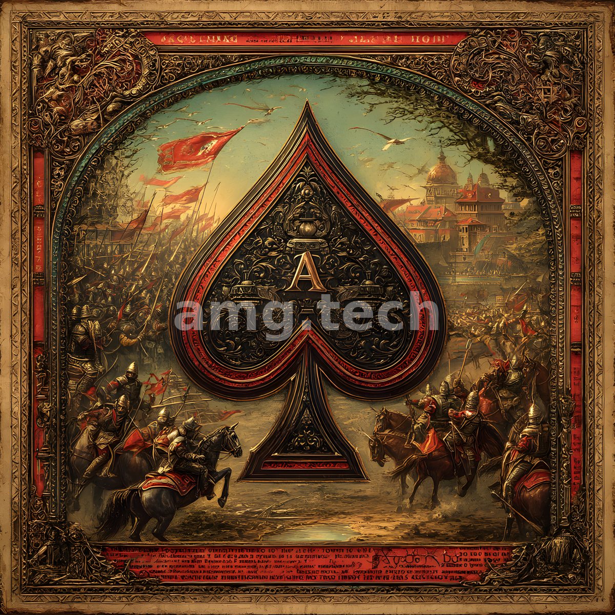 An ornate ace of spades commands the frame while armoured horsemen clash across a smoke-wreathed medieval battlefield.