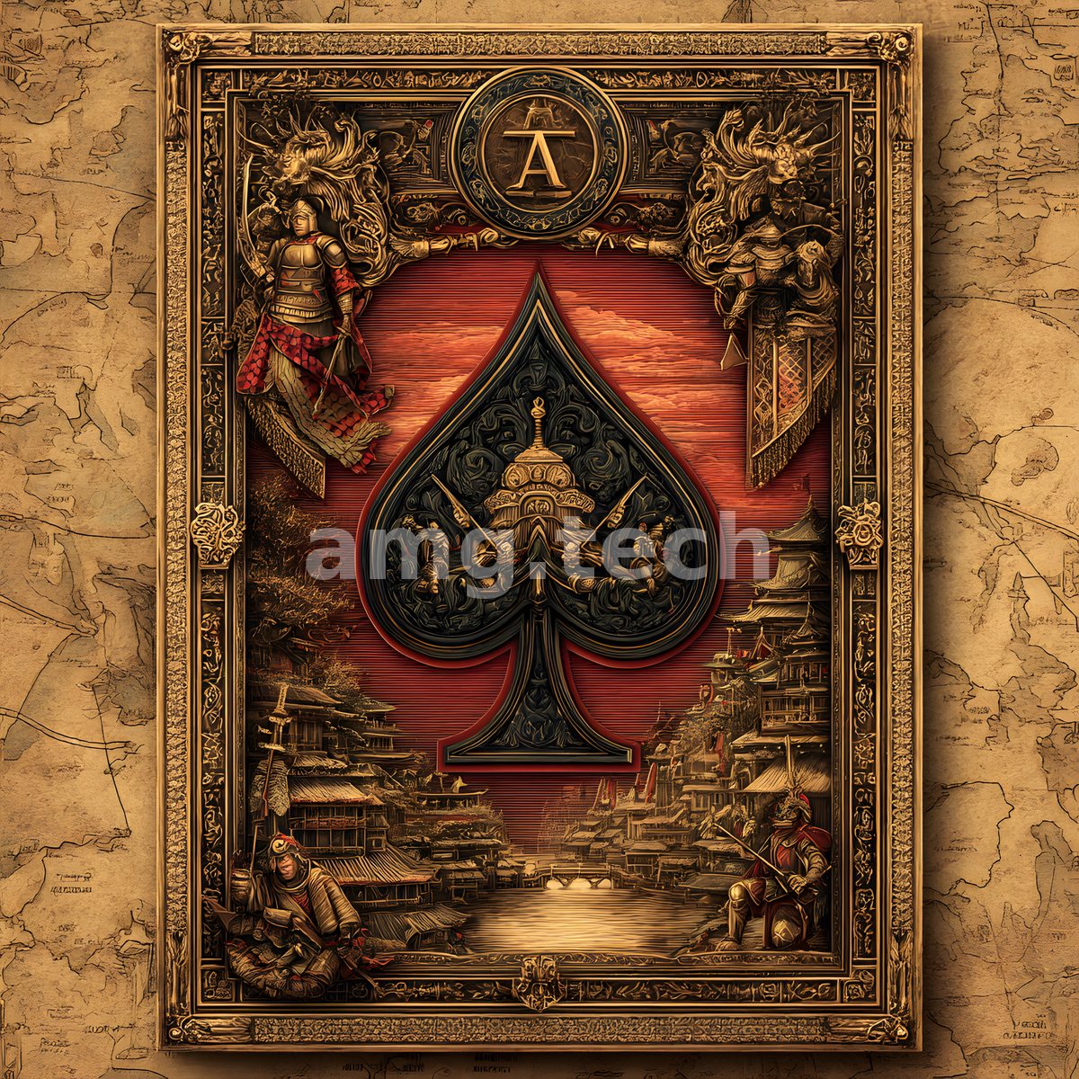 A gilded ace of spades rises above lantern-lit pagodas and armoured samurai, framed against an aged cartographic ground.
