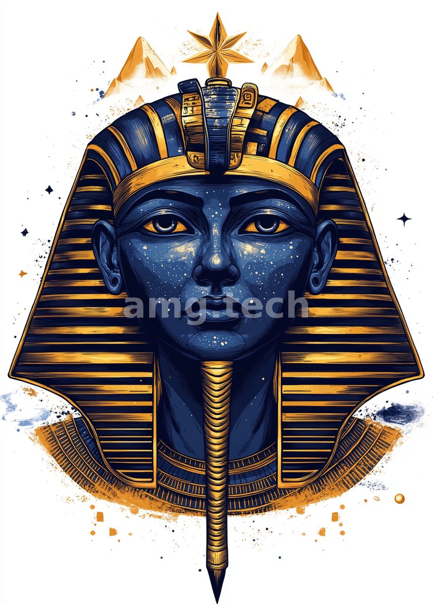 A regal pharaonic mask in cobalt and gold shimmers with a scattering of stars, crowned above the faint silhouettes of the pyramids.