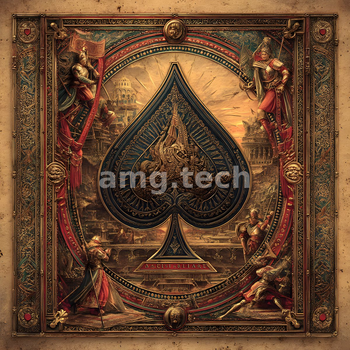 A jewelled ace of spades presides over classical ruins and banner-bearing warriors in a lavishly ornamented ceremonial frame.
