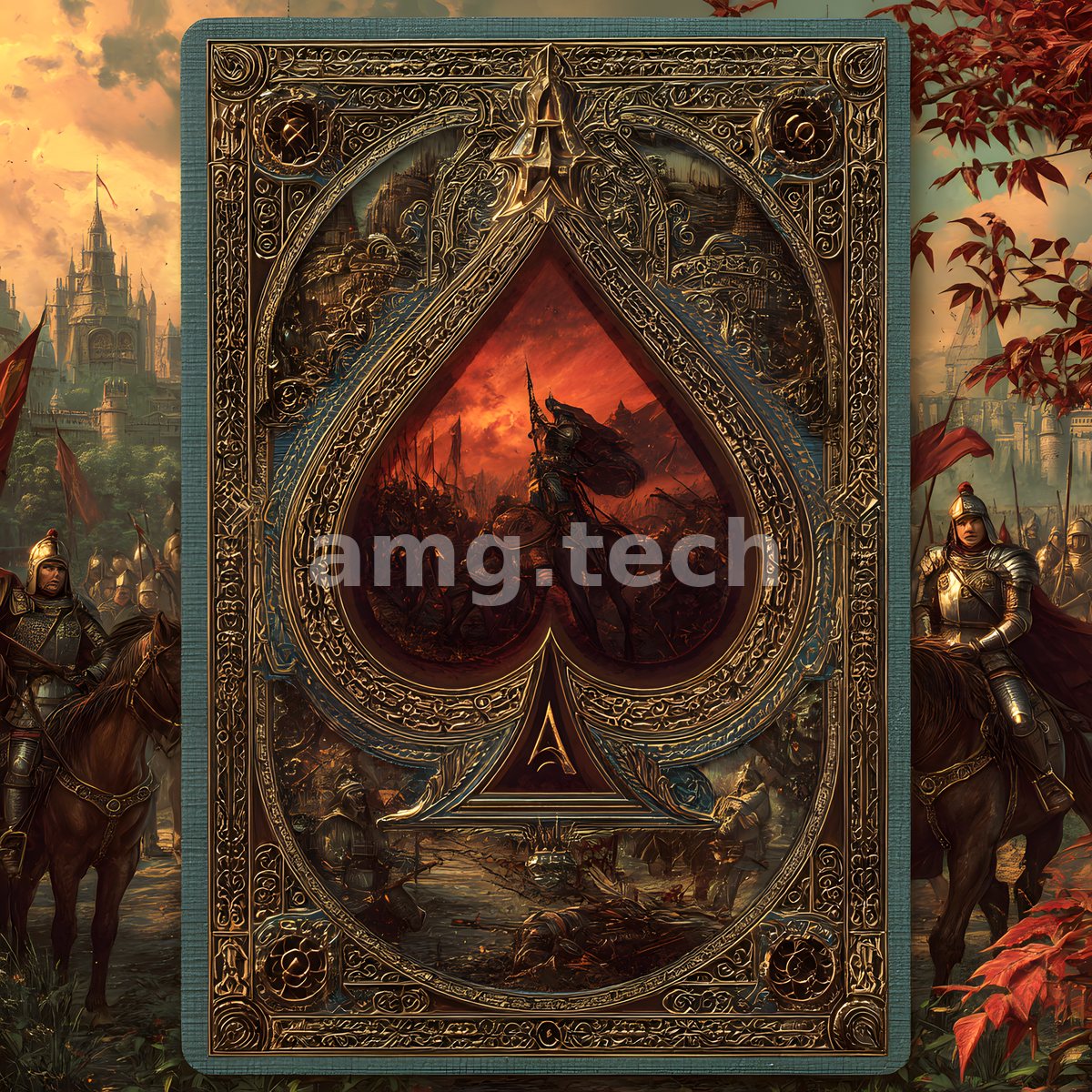 An armoured standard-bearer rallies within a blazing spade emblem, flanked by mounted knights beneath a burning castle sky.