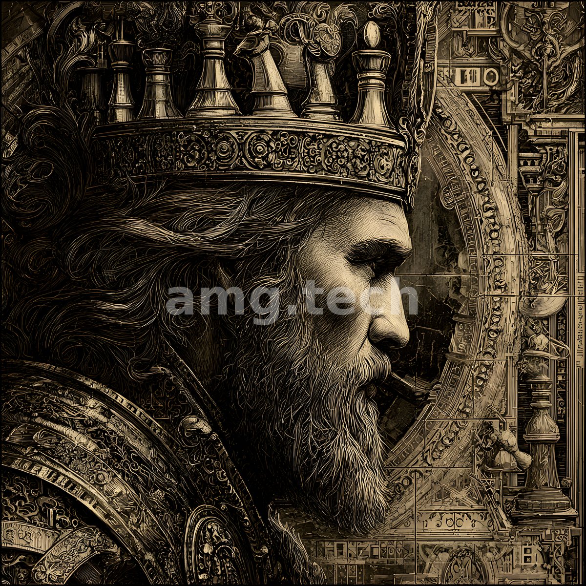A crowned king in solemn profile, rendered in bronze etching against a lattice of ornate mechanical scrollwork and regal armour.