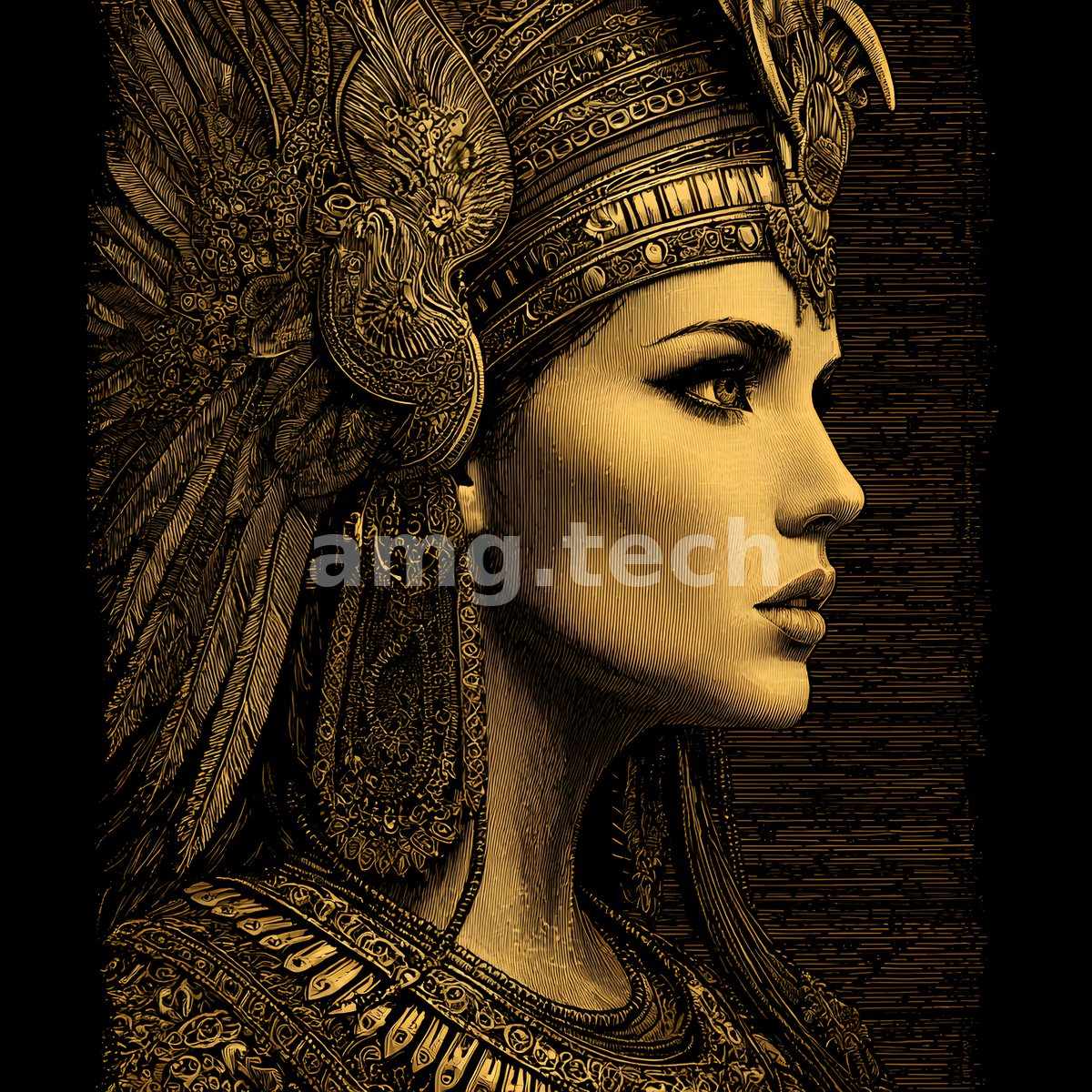 A serene noblewoman crowned with an elaborate feathered headdress, drawn in luminous gold linework upon deep shadow.