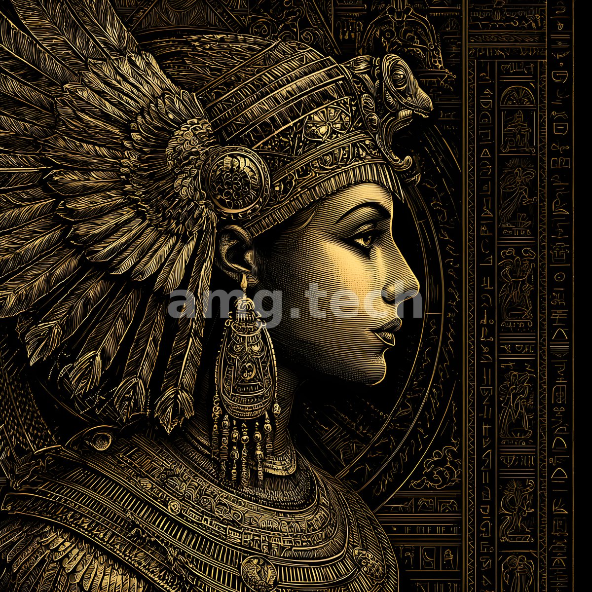 A regal woman in an Egyptian feathered crown, her profile framed by columns of golden glyphs and radiant filigree.