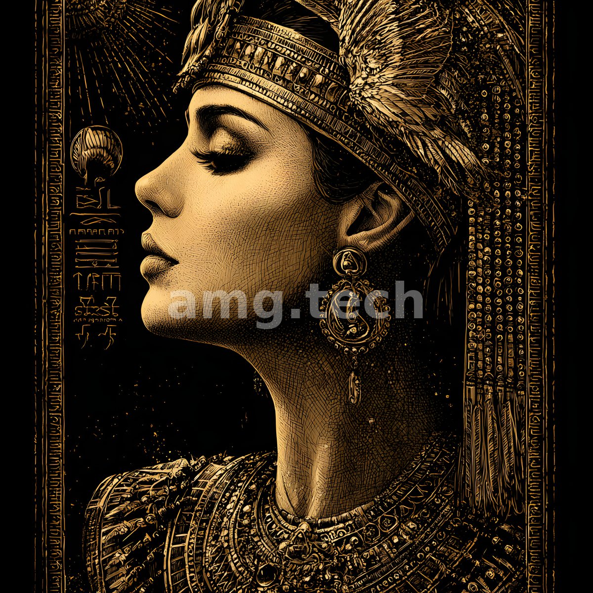 An Egyptian queen lifts her gaze beneath a rayed solar disc, her jewelled collar and headdress glowing in warm gold.