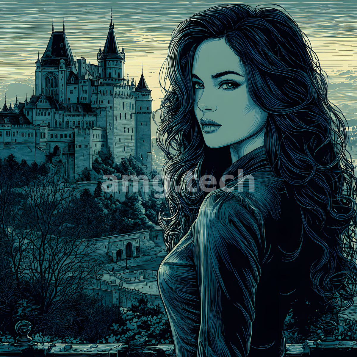 A dark-haired beauty gazes back before a moonlit hilltop castle, rendered in cool teal and inked graphic lines.