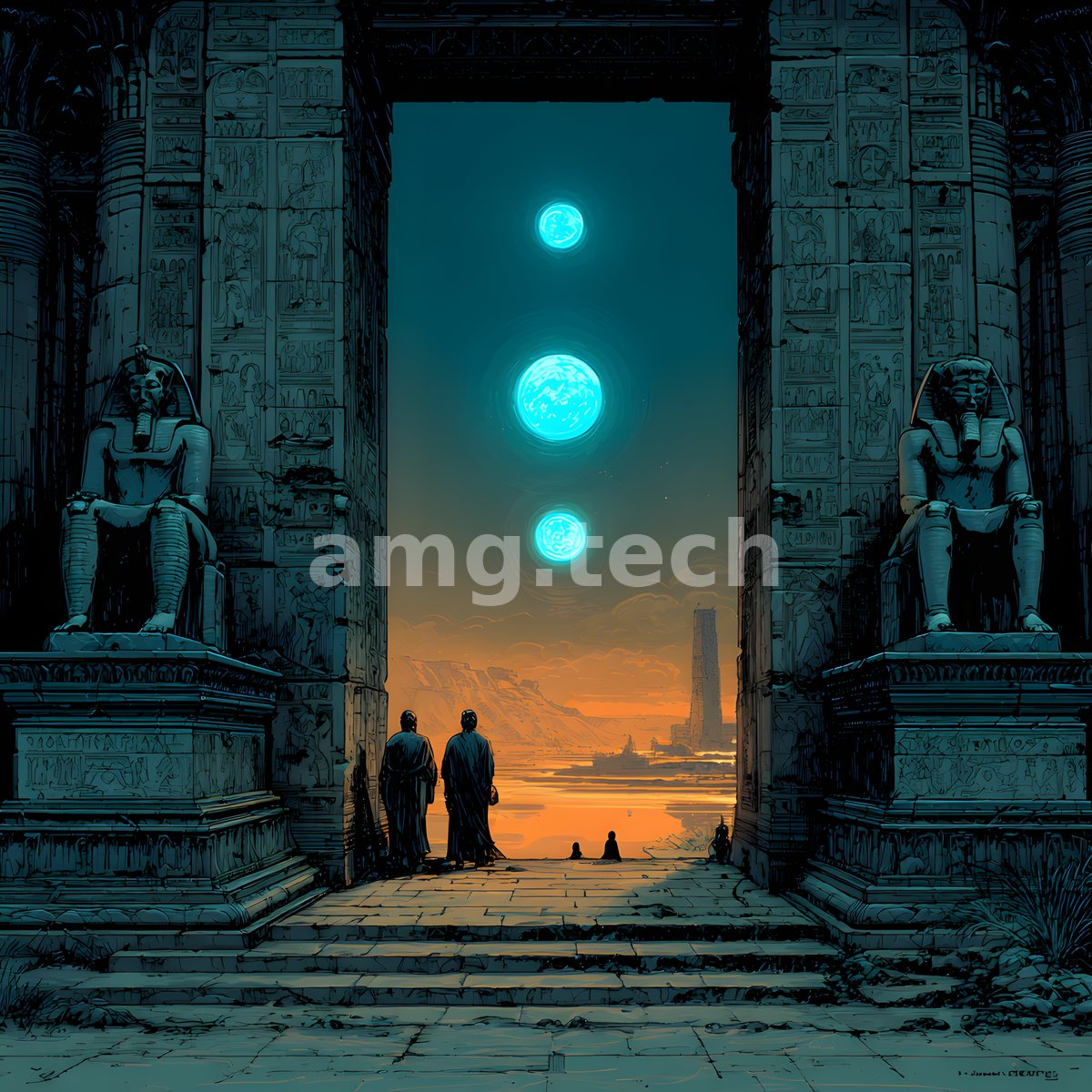 Two robed figures pause between colossal pharaonic statues as three glowing orbs hover over a burning desert horizon.