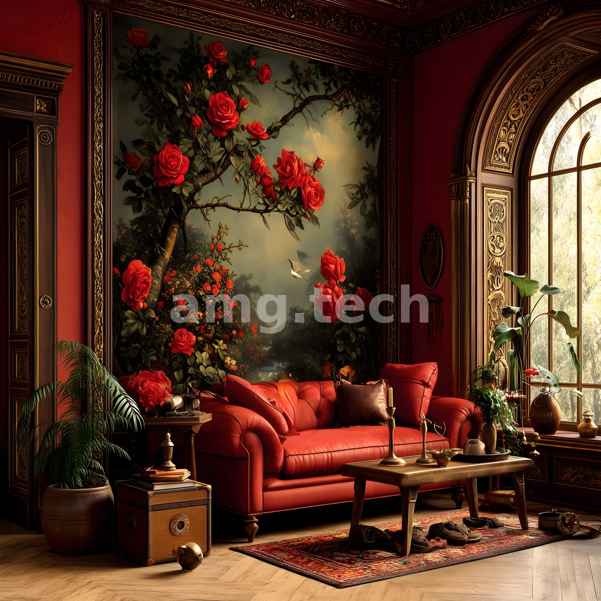 A red leather sofa rests beneath a lush painted rose mural in a gilded parlour where golden light spills through an arched window.