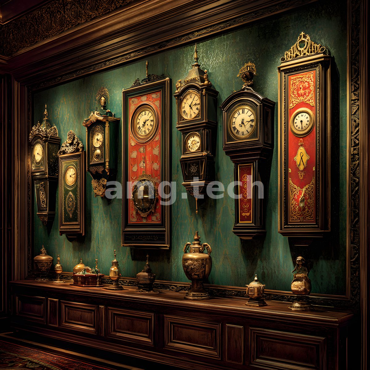 A row of ornate antique clocks lines a jade-green wall above a burnished cabinet crowned with a single gilded vessel.