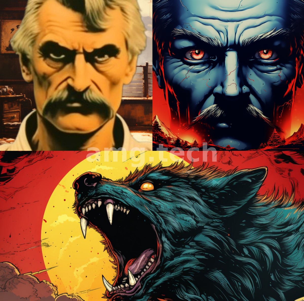 Three fierce panels unite a mustachioed man, a red-eyed spectral face, and a snarling wolf beneath a burning sun.