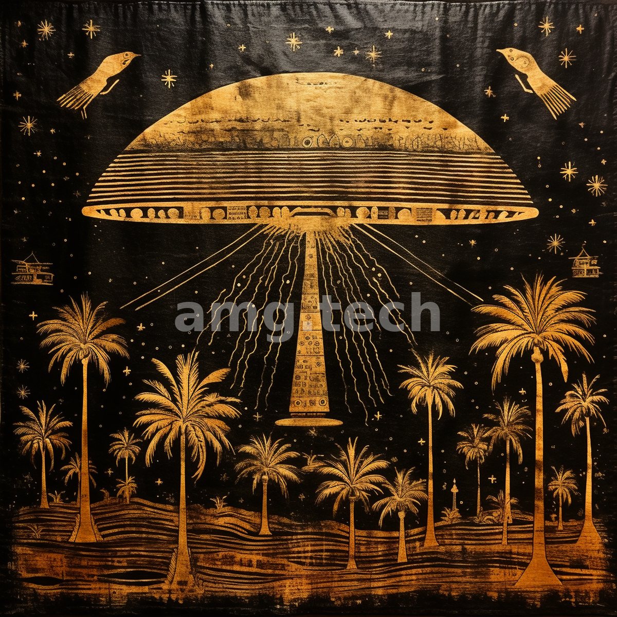A gilded craft descends in radiant beams over a palm grove beneath watchful birds and a starry sky, embroidered upon darkened cloth.
