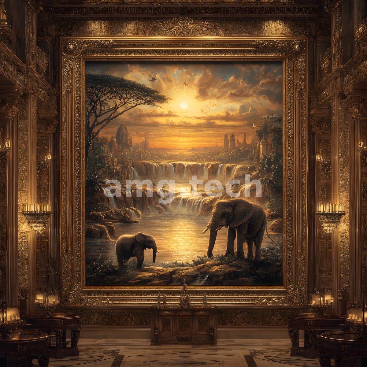 Within a gilt frame lit by candles, two elephants wade at a cascading river beneath a radiant sunset over a distant city.