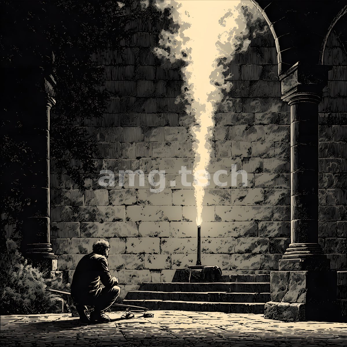 A lone figure crouches before a ruined stone archway as a shaft of pale light pours down through the crumbling masonry.