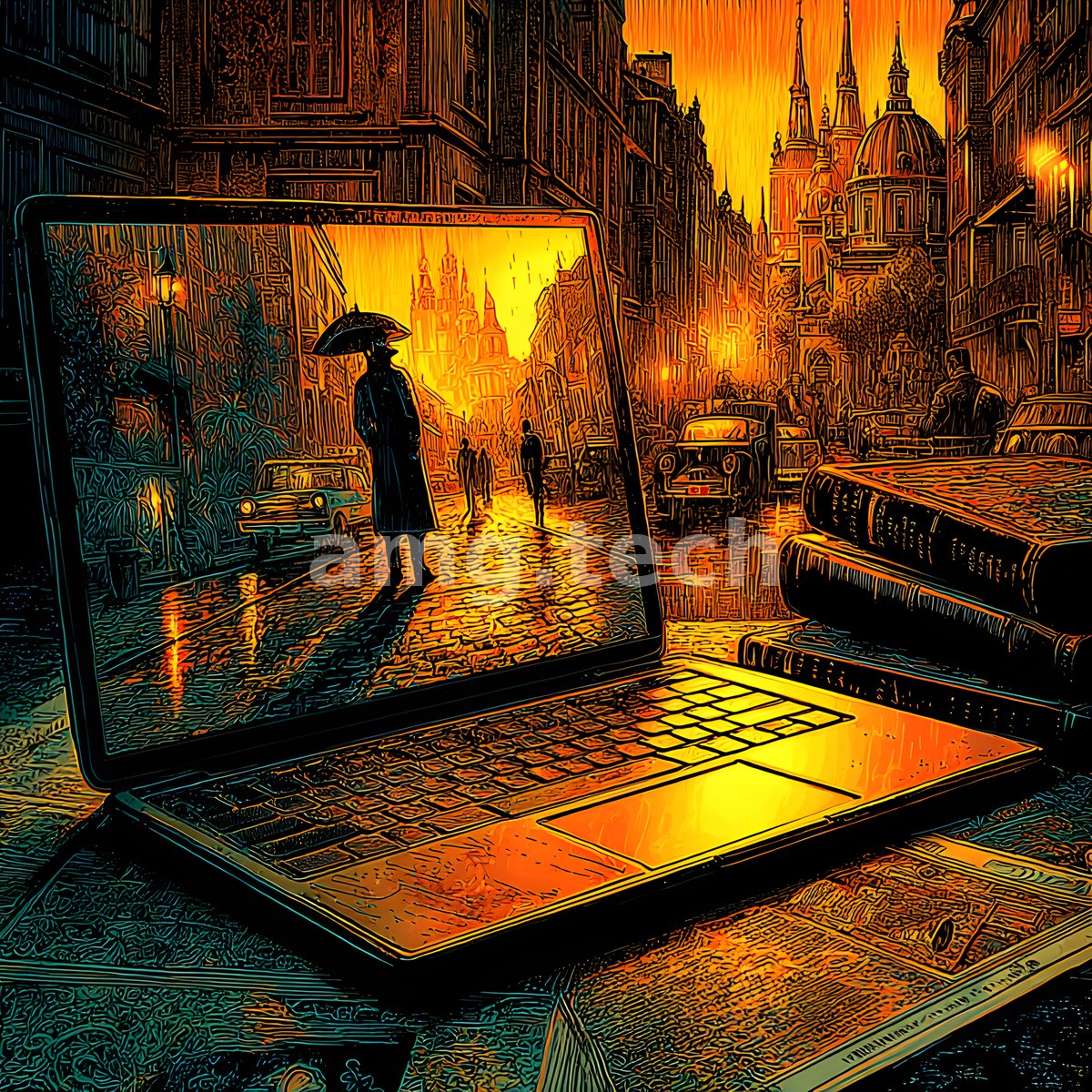 An open laptop glows amid antique books, its screen dissolving into a rain-slicked old-city street washed in amber lamplight.