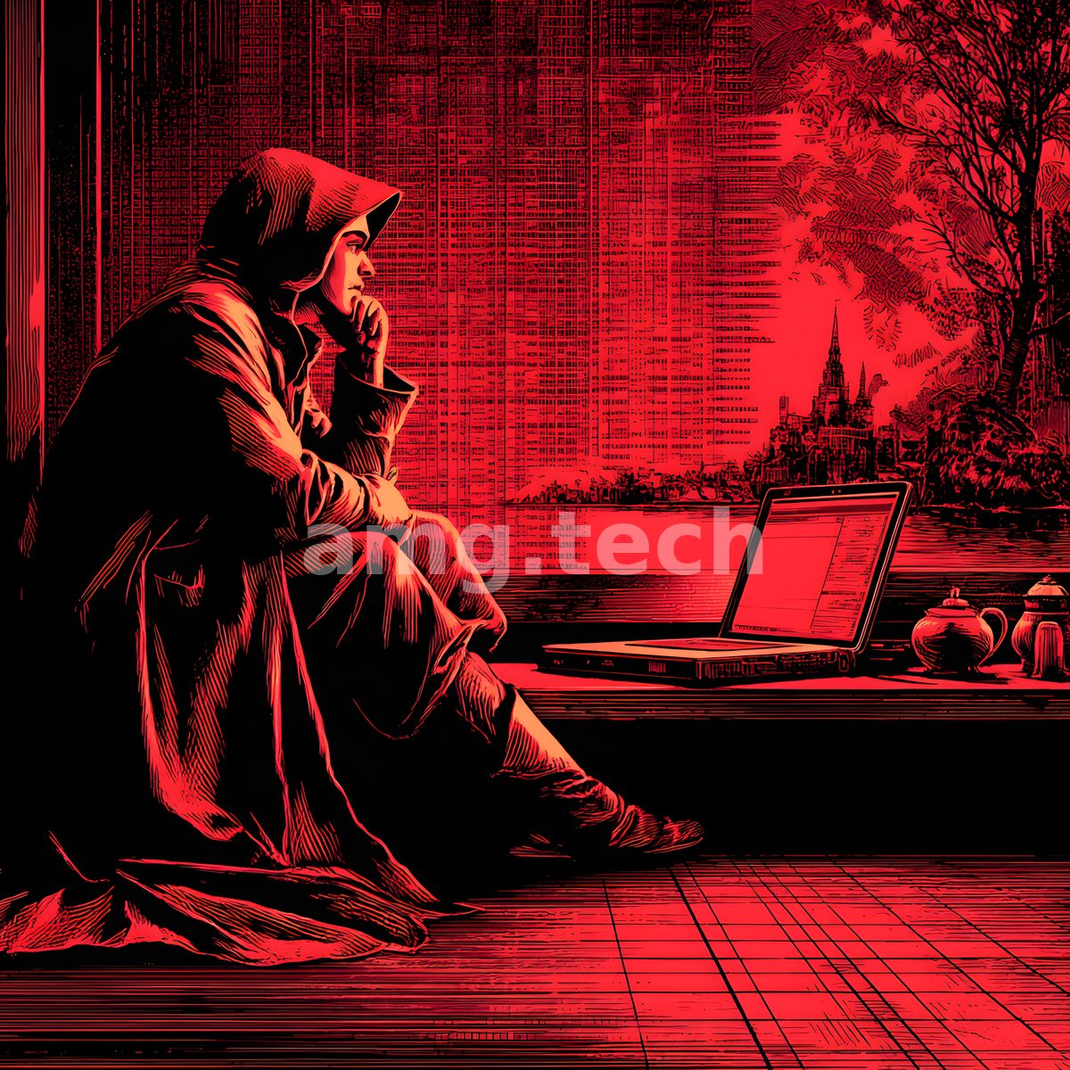 In stark scarlet linocut, a hooded figure sits in thought before a glowing laptop as a spired city looms beyond.