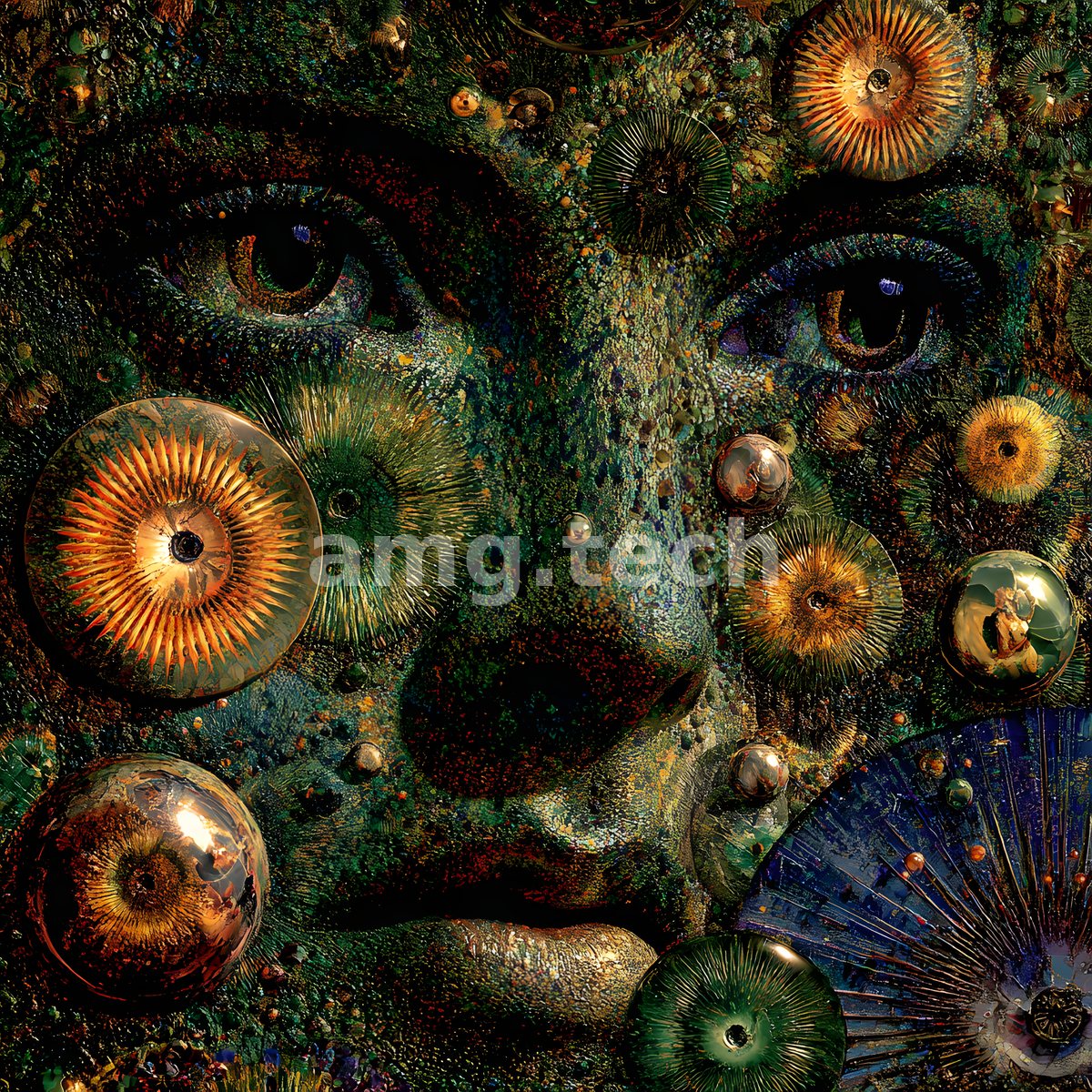 A textured visage emerges from a field of jewelled orbs and radiant anemone-like forms, shimmering in emerald and burnished gold.