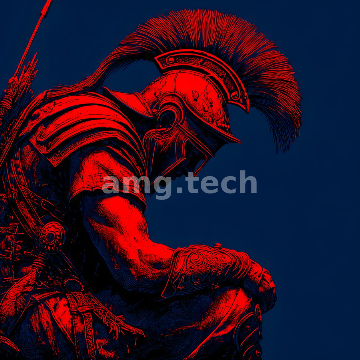 Rendered in fierce crimson against midnight blue, a plumed Greek warrior rests in a rare moment of weary reflection.