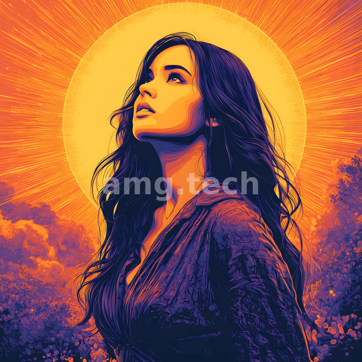 A dark-haired woman lifts her gaze toward a radiant sunburst, her figure aglow against violet and amber fields.
