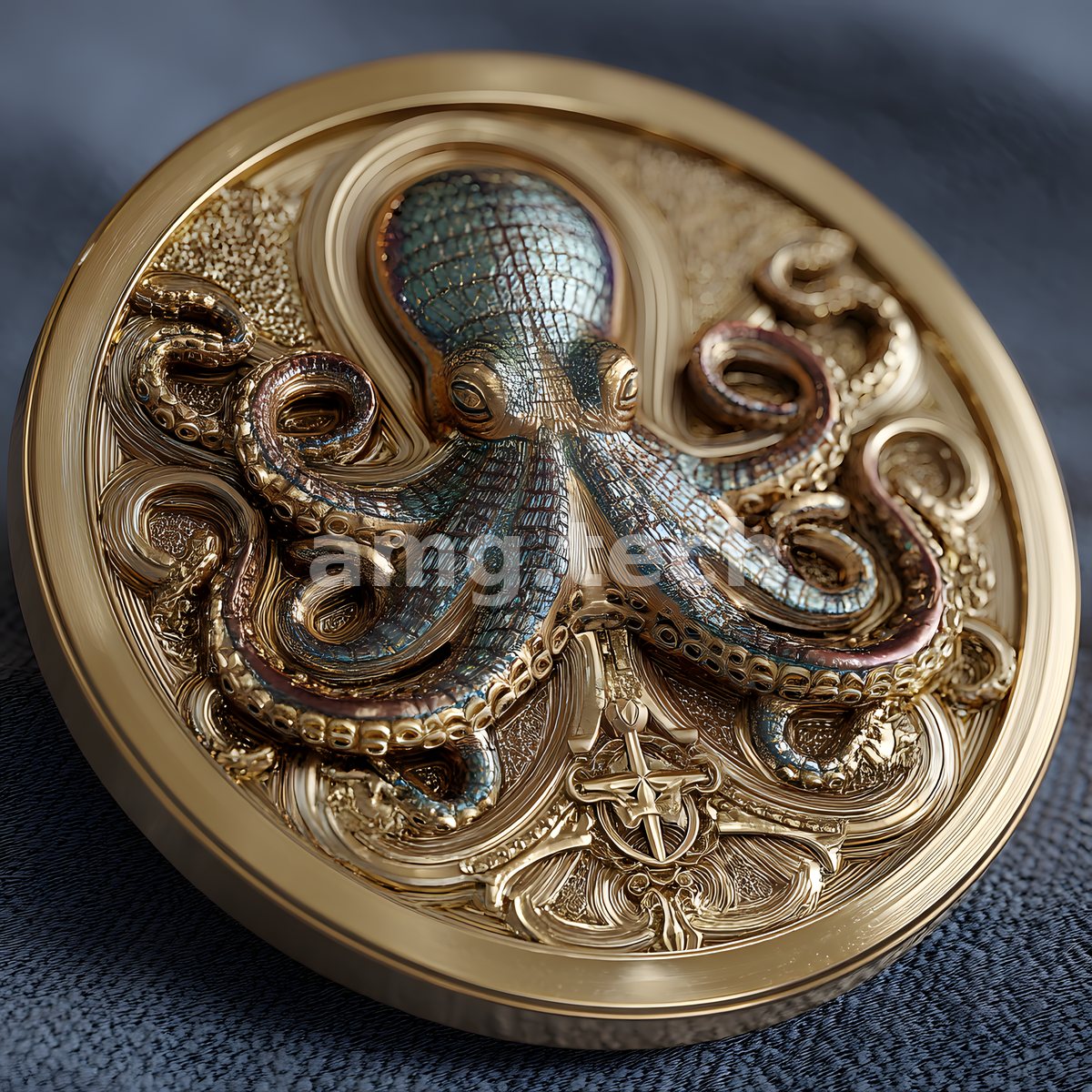 An octopus rendered in iridescent scale and burnished gold coils across an ornate medallion, its tentacles curling with baroque precision.
