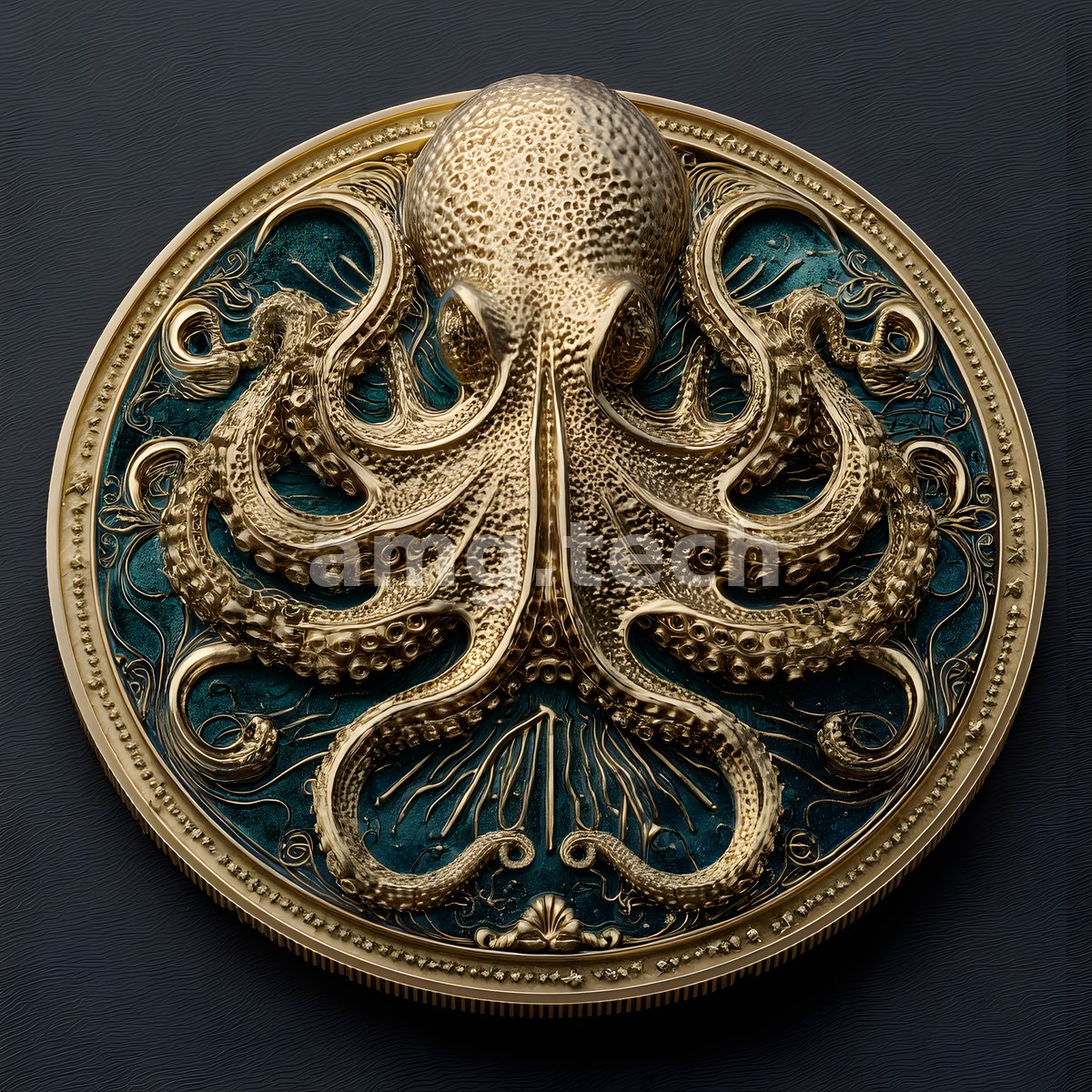 A golden octopus rises in high relief upon a teal and gilt roundel, its symmetrical arms framed by delicate filigree.