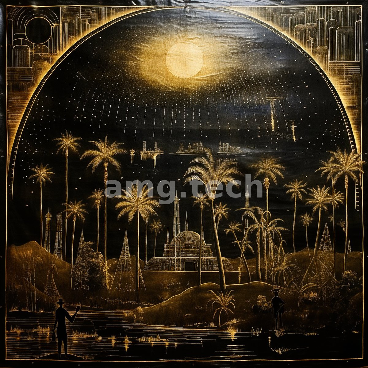 An intricate gold-line reverie of palms and a pavilion beneath a radiant moon, where two figures stand at a still reflecting pool.