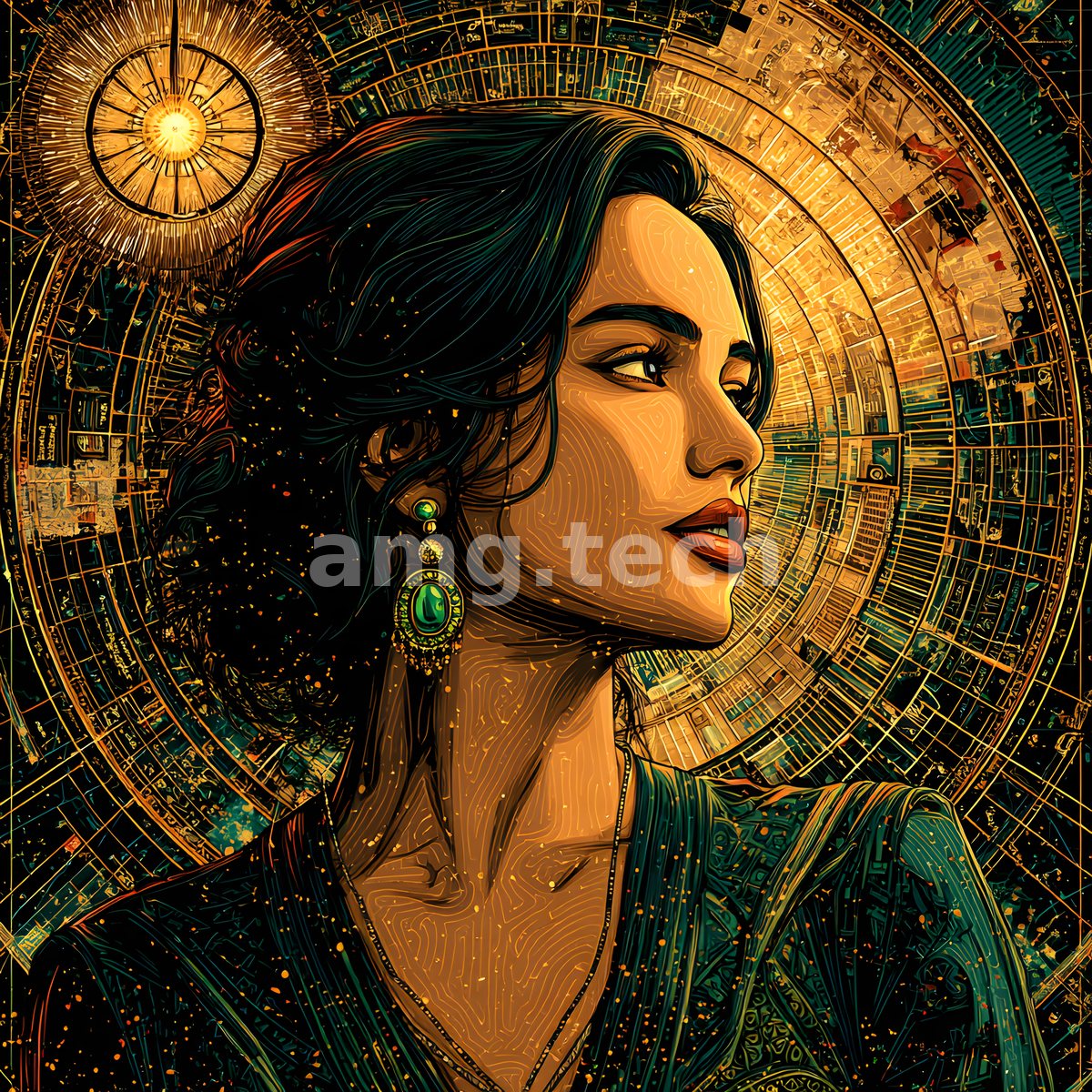 A poised woman in profile emerges from concentric golden circuitry and a blazing sun, her emerald earring catching the light.