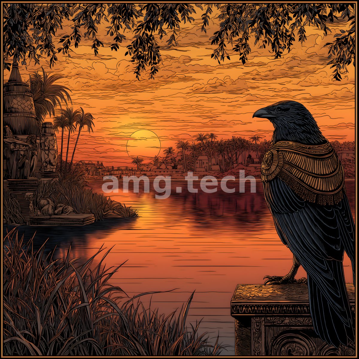 A regal raven in golden collar surveys a river at dusk, palms and temple ruins glowing beneath an amber sky.