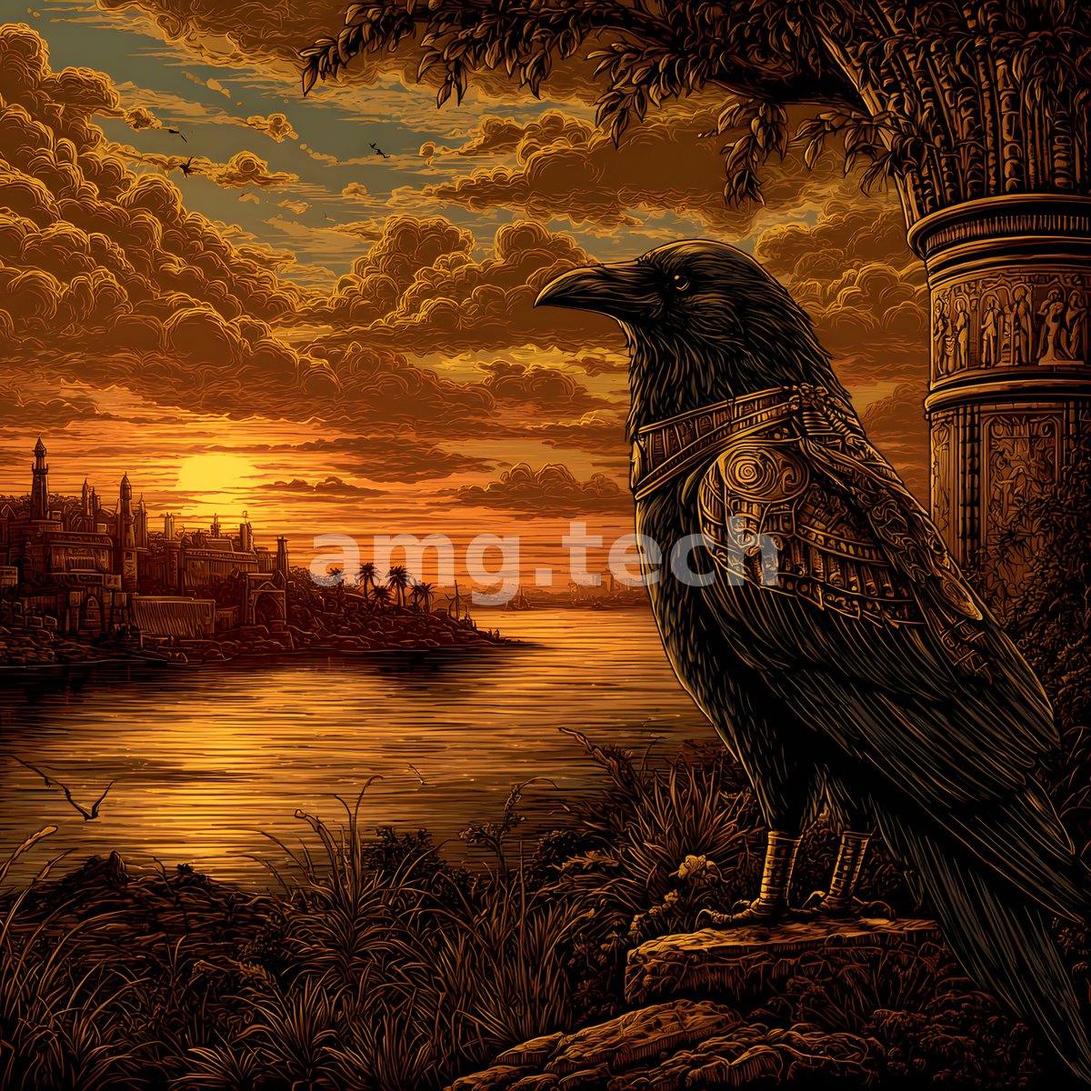 Adorned in wrought-gold armour, a raven keeps watch beside a carved column as an ancient city burns gold along the water.