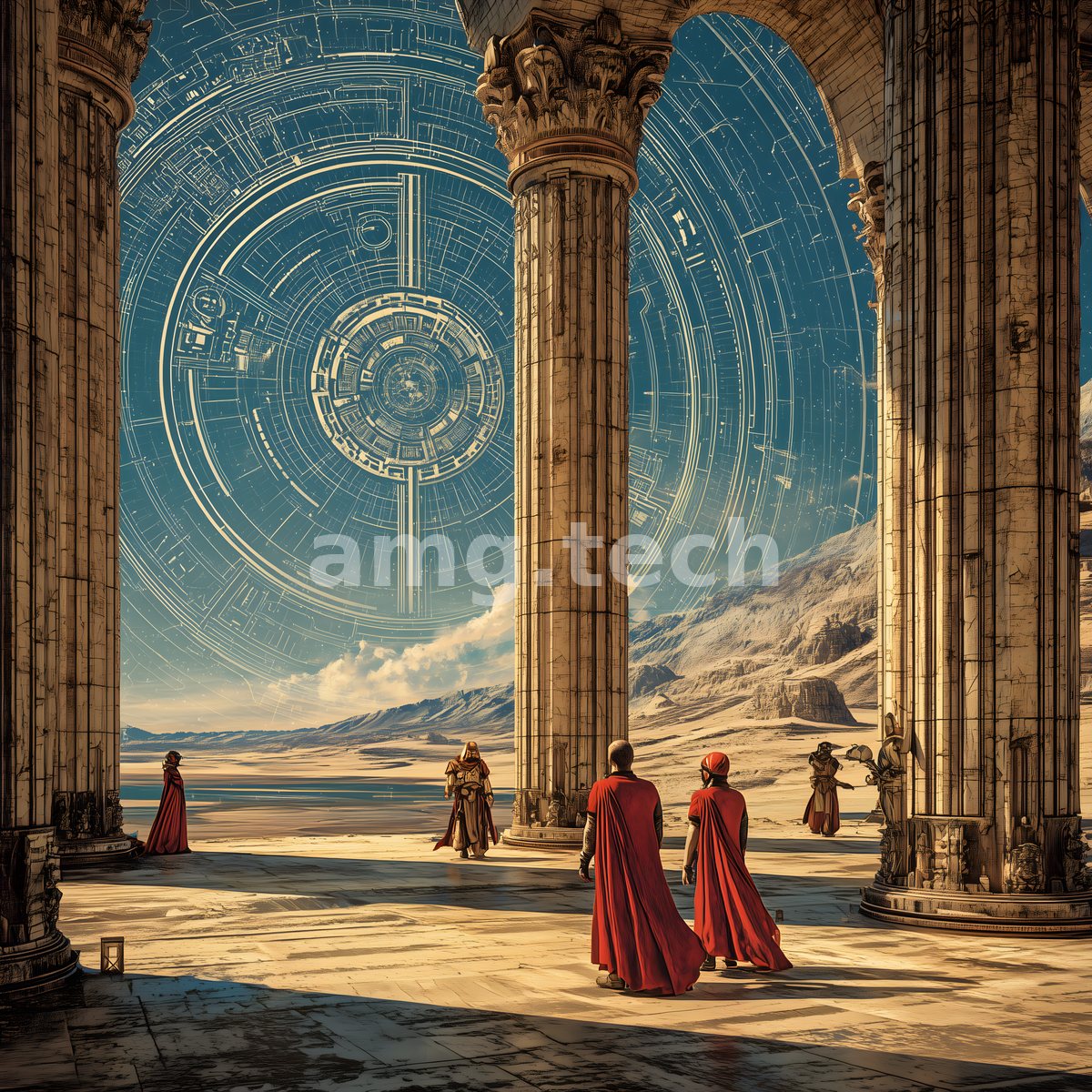 Crimson-robed figures cross a sunlit marble hall toward a vast luminous mechanism turning above the open desert.