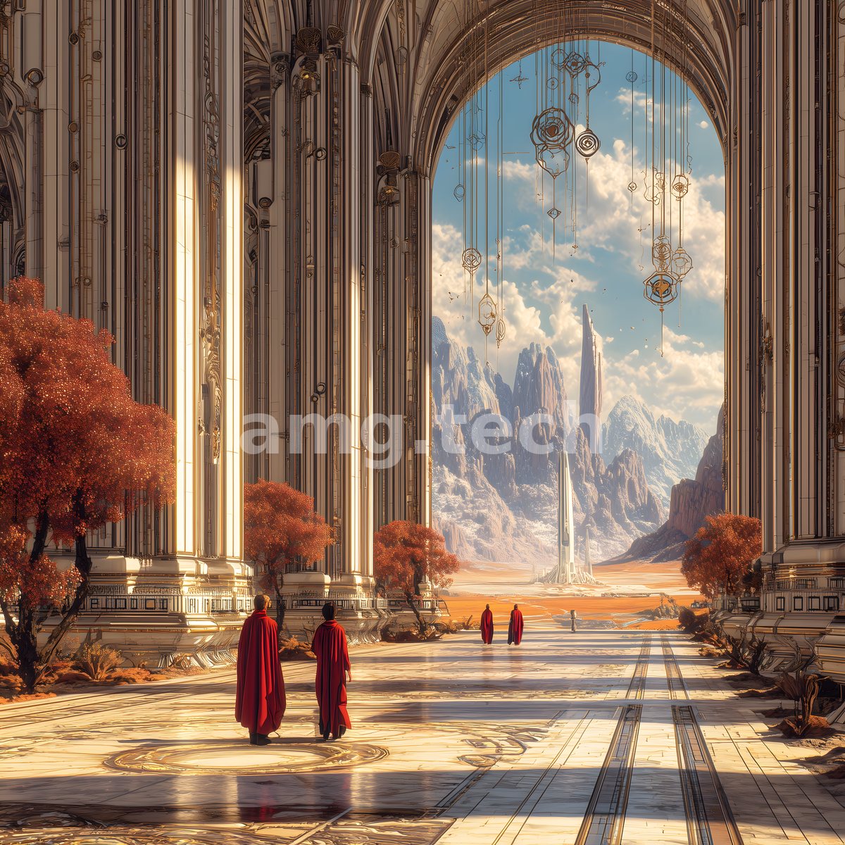 Two robed pilgrims walk a gleaming avenue beneath soaring pillars, a distant spire rising amid russet trees and drifting cloud.
