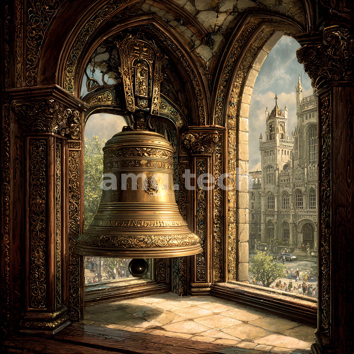 A great bronze bell hangs within an ornately carved alcove, a Gothic townscape glowing softly through the arched window beyond.