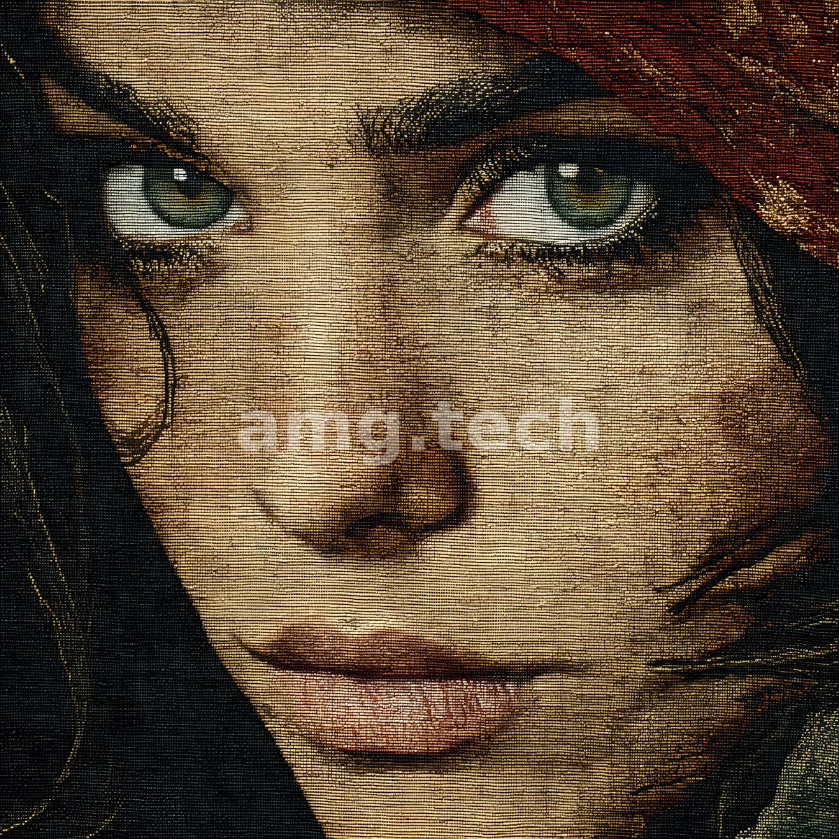 In warm, textured close-up, a young woman fixes the viewer with striking pale-green eyes, a red scarf framing her brow.