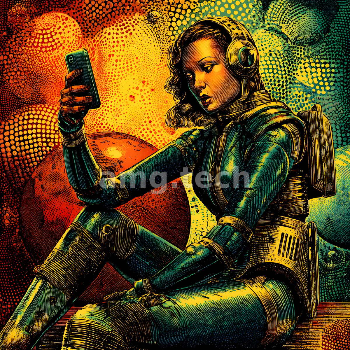 In vivid halftone hues, an armoured woman in headphones studies her phone against a swirling cosmos of dotted colour.