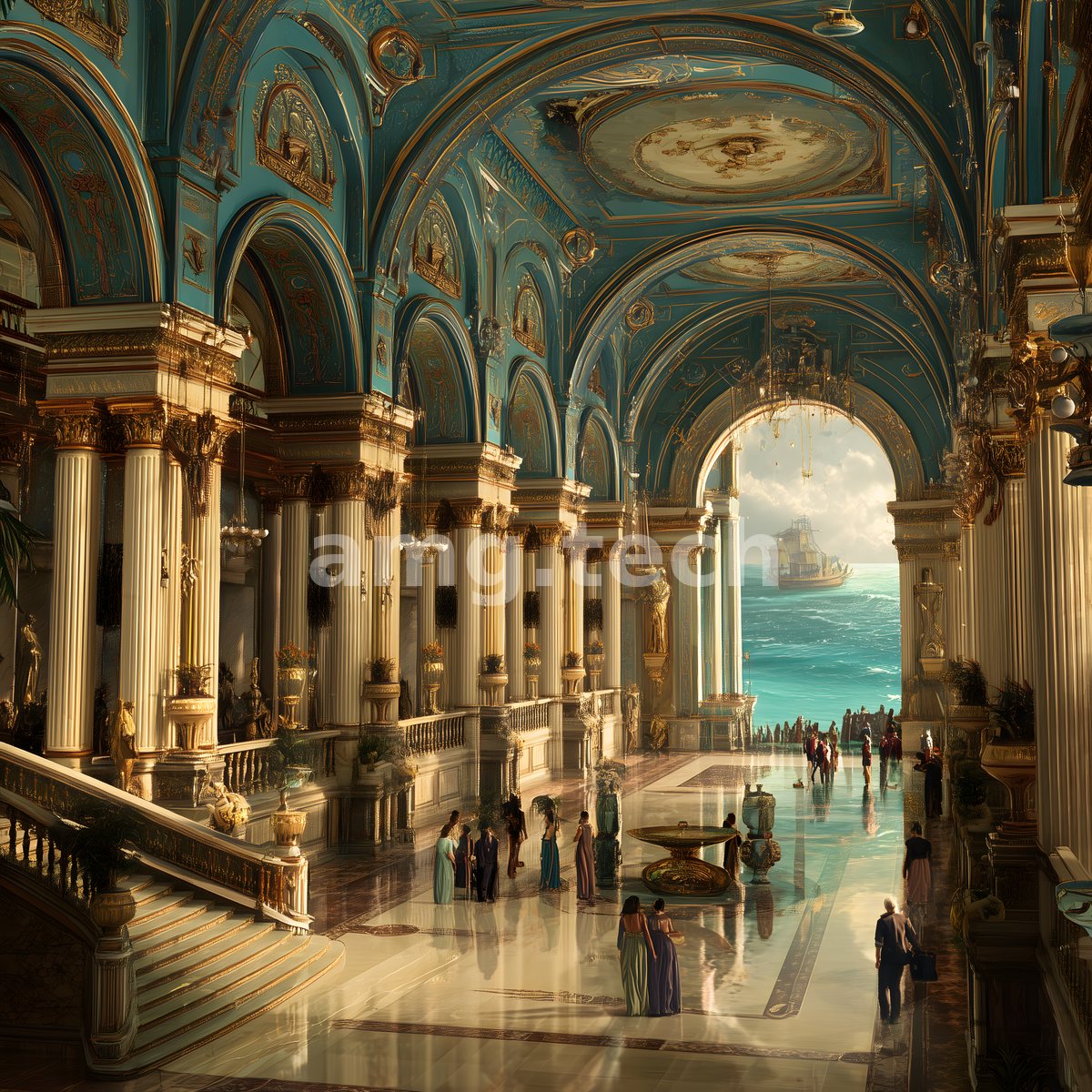 Beneath frescoed turquoise vaults and gilded columns, elegant figures gather in a grand hall opening onto a sunlit harbour and distant ships.
