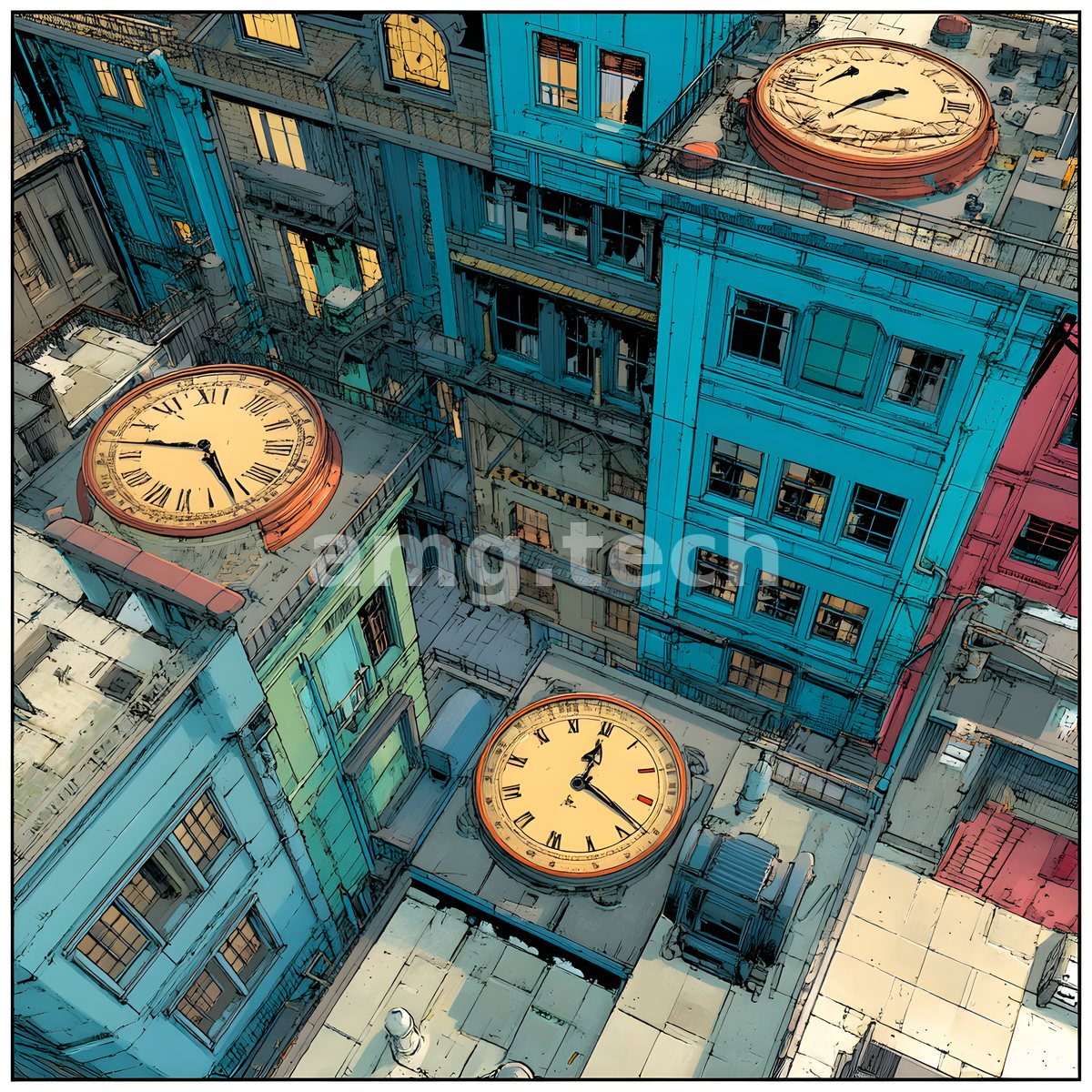 A vertiginous comic-style overview of tightly packed rooftops where oversized clock faces punctuate the teal and crimson façades below.