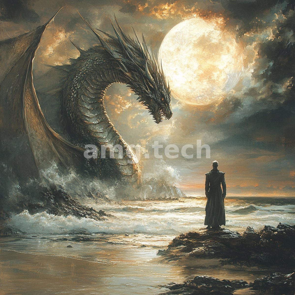 A lone robed figure faces a towering sea-dragon rising from the surf, silhouetted against a vast moon veiled in golden cloud.