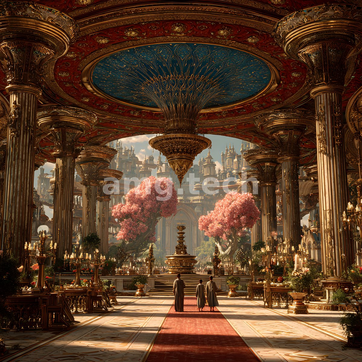 Two robed figures ascend a red carpet beneath a colossal gilded canopy, flanked by golden colonnades and blossoming trees toward a distant citadel.