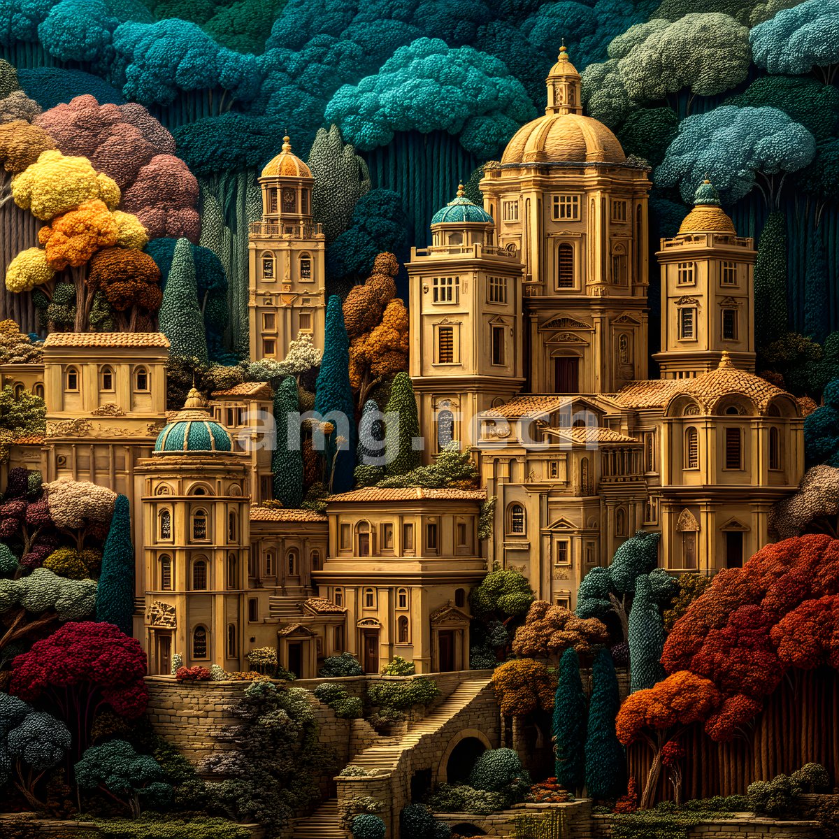 A domed hillside city rendered in the texture of tapestry and felted thread, its ochre towers nestled among richly stitched autumnal foliage.