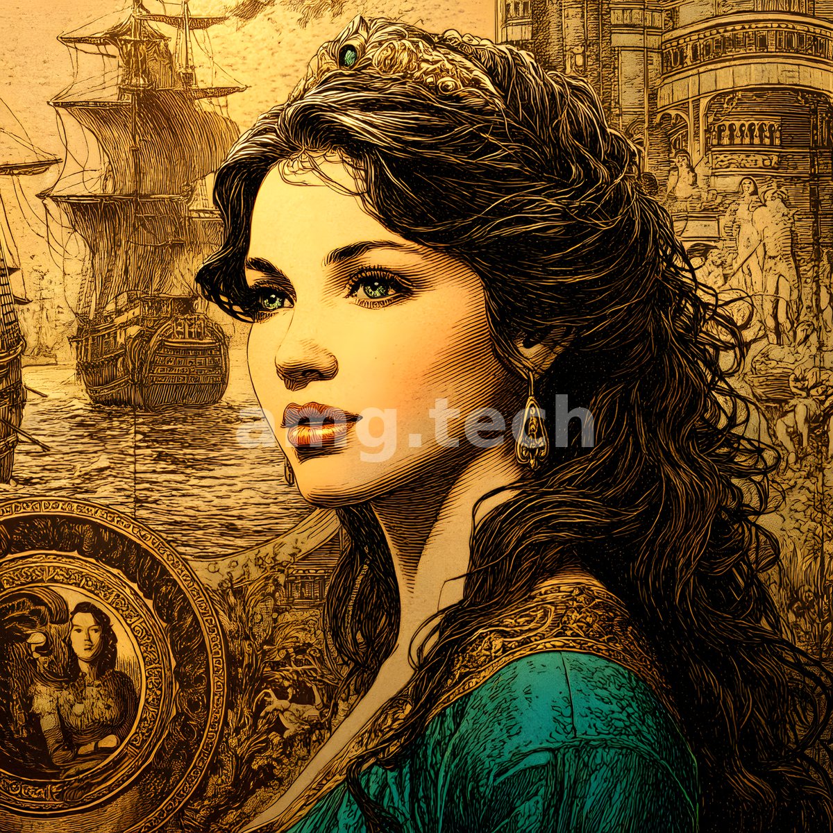 A dark-haired woman in emerald gazes seaward against a golden engraving of galleons at anchor, her portrait echoed in a bronze medallion.