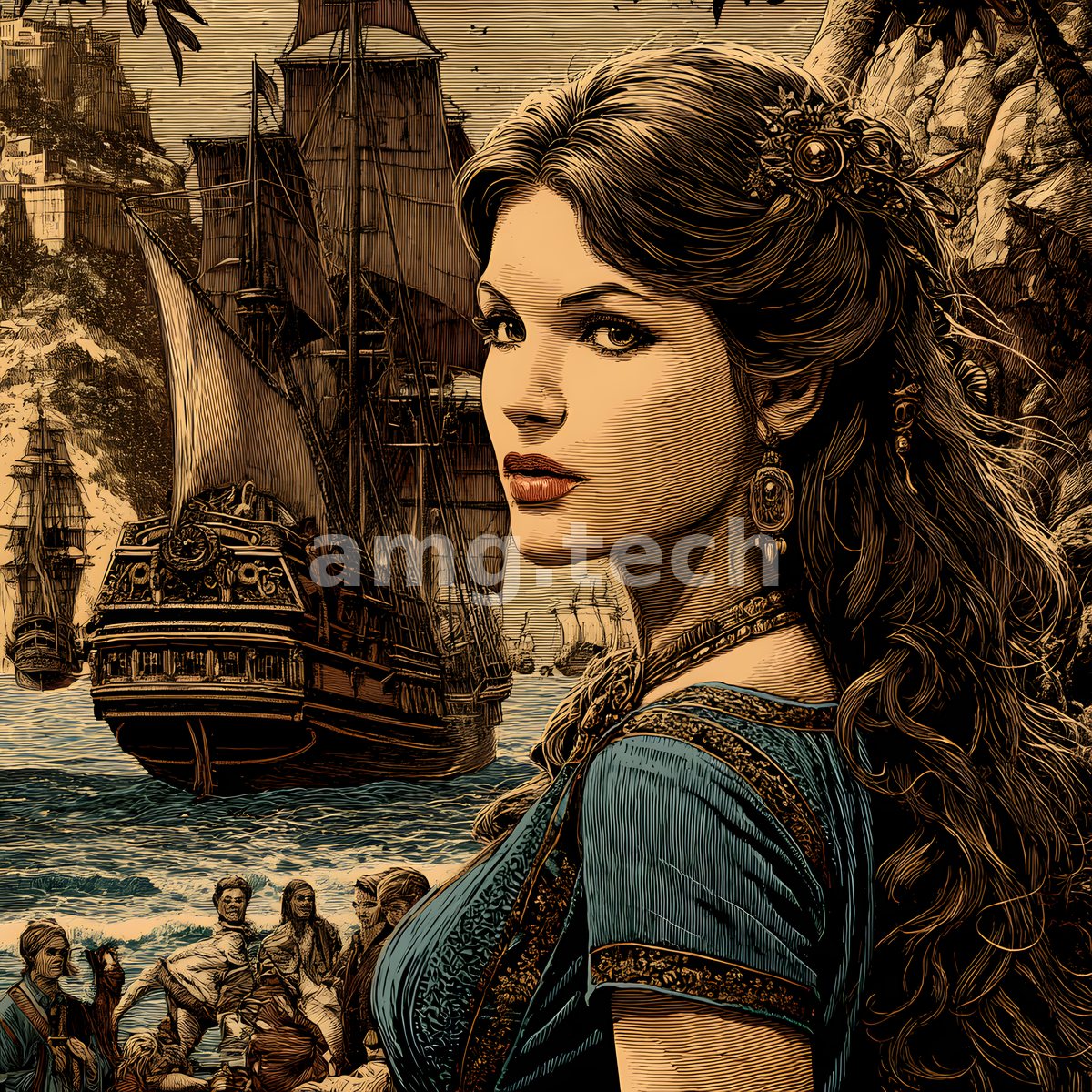 A poised woman turns beside a moored tall ship, castaways gathered on the shore below in this warm-toned maritime engraving.