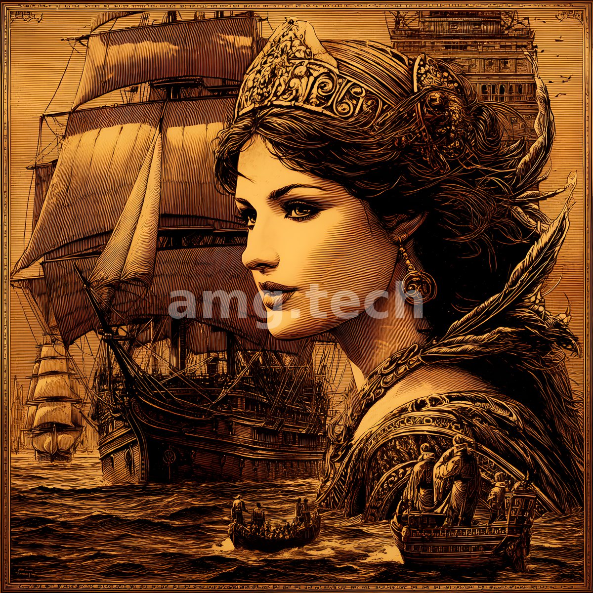 A crowned woman in profile presides over billowing sails and warships in a sepia engraving of imperial naval splendour.