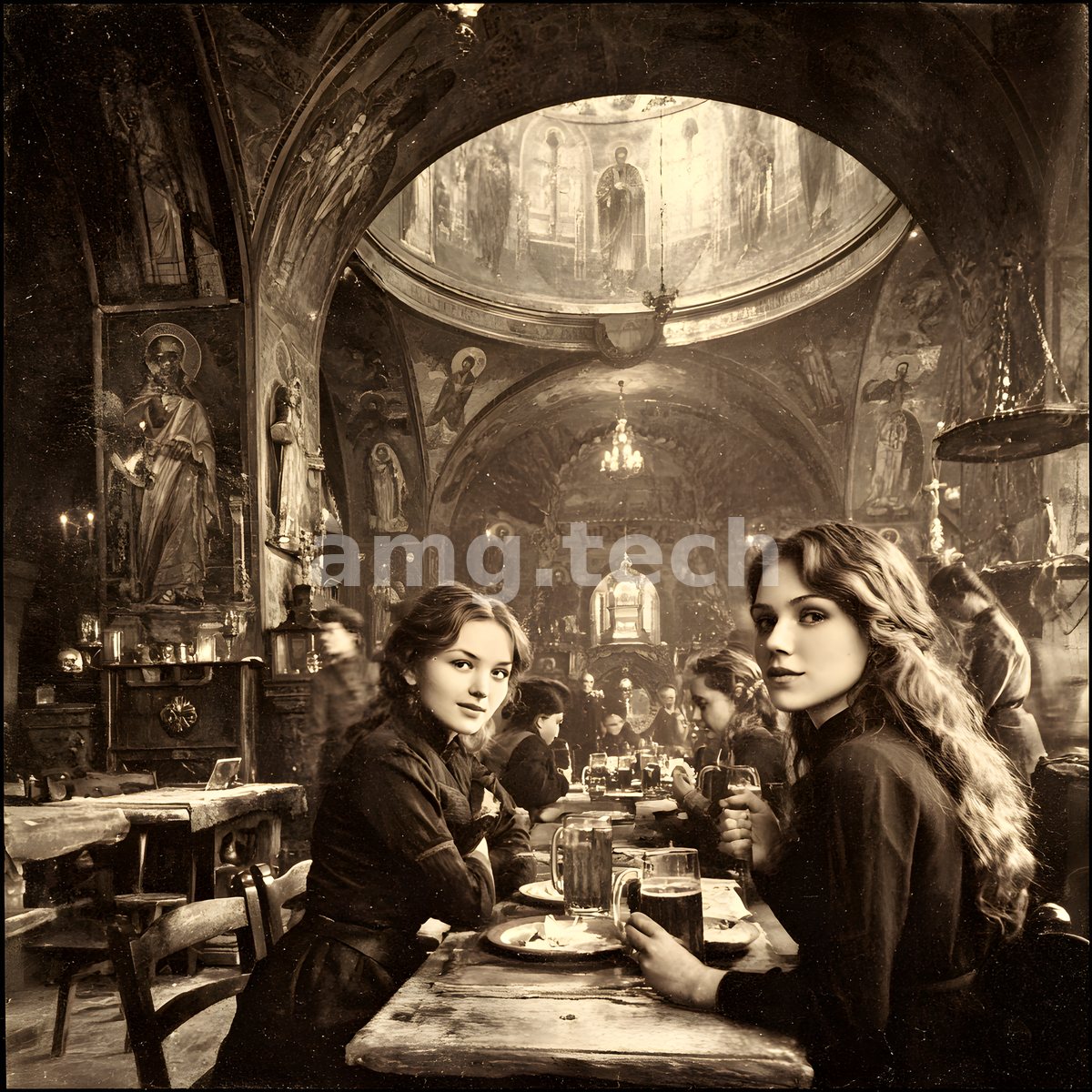 In sepia calm beneath frescoed Byzantine vaults, two young women turn to meet the viewer over a candlelit tavern table.
