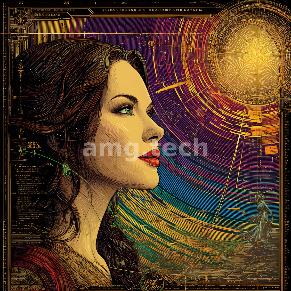A woman's profile emerges from an intricate golden schematic of radiant orbits and celestial diagrams, a distant figure poised at the horizon.